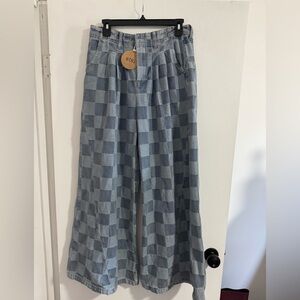 BiBi Blue Checkered Flare Wide Leg Jeans